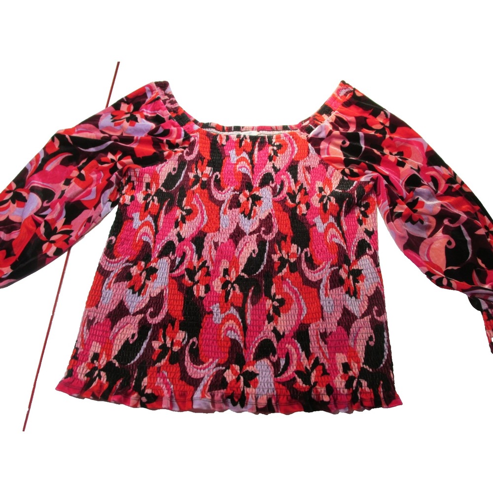 Terra & Sky Pink Velvet Tunic Blouse Women 2X Artsy Hippie Smocked Puff Sleeve